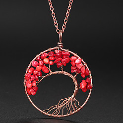 Synthetic Coral Synthetic Coral Chip Tree of Life Pendant Necklaces, Alloy Cable Chain Necklace for Women, 20-7/8 inch(53cm)