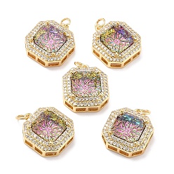 Colorful Brass Micro Pave Cubic Zirconia Pendants, Octagon, Real 18K Gold Plated, Colorful, 18x16x7~8mm, Hole: 3.4mm, Jump Ring: 5x0.8mm