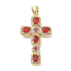 Red Brass Micro Pave Cubic Zirconia Pendants, Cross Charms, Long-Lasting Plated, Rack Plating, Lead Free & Cadmium Free, Real 18K Gold Plated, Red, 31x18x4mm, Hole: 5x3mm