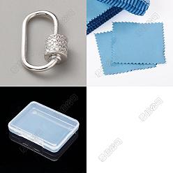 Platinum 1Pc 925 Sterling Silver Locking Carabiner, with Rhinestone, Oval, with 1Pc Polishing Cloth, Platinum, 17.5x11x5.5mm