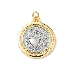 Real 18K Gold Plated Brass Pendants, Flat Round with Sacred Heart of Jesus, Lead Free & Cadmium Free, Long-Lasting Plated, Rack Plating, with Jump Ring, Real 18K Gold Plated, 22x19x3mm, Hole: 3mm