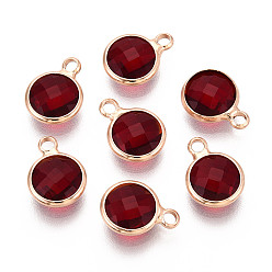 Темно-Красный Латунь стекло прелести золотой тон, плоско-круглые, граненые, темно-красный, 11~12x8.5~9x3.5~4 мм, отверстие : 1.8~2 мм