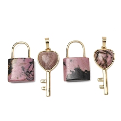 Rhodonite Natural Rhodonite Beaded Pendants, Lock and Key Charms, with Golden Brass Findings, 31.5~32.5x20~20.5x7.5mm, Hole: 11x12mm