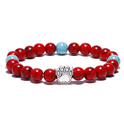 Synthetic Turquoise Synthetic Turquoise Bead Stretch Bracelets for Women Men, Heart & Paw Print, 7-1/8 inch(18cm).