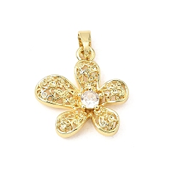 Golden Brass Micro Pave Clear Cubic Zirconia Pendants, Flower Charms, Golden, 19x18x4.5mm, Hole: 5x2.5mm
