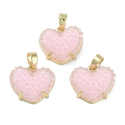 Pink Подвески в форме сердечек из смолы друзы, Покрытие стойки из настоящей 18k позолоченной латуни, подвески в форме сердца любви, долговечный, без кадмия и без свинца, розовые, 13.5x15.5x7 мм, отверстие : 3.3x5.2 мм
