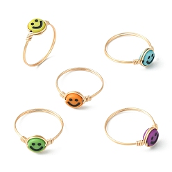Mixed Color Smiling Face Acrylic Finger Ring, Copper Wire Wrapped Jewelry for Women, Mixed Color, US Size 8 1/2(18.5mm)