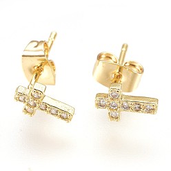 Golden Brass Ear Studs, with Cubic Zirconia, Lead Free & Cadmium Free & Nickel Free, Cross, Clear, Golden, 8x5x1.5mm, Pin: 0.8mm