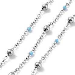Light Sky Blue 304 Stainless Steel Cable Chain, with Enamel, Soldered, Light Sky Blue, Beads: 3.5~3.6x3.5mm, Link: 5x2x2mm and 2x1.5x0.3mm
