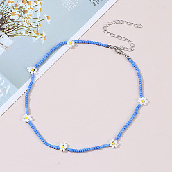 Blue Boho Flower Beaded Necklace Handmade Ethnic Jewelry for Women