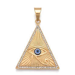 Golden 304 Stainless Steel Pendants, with Crystal Rhinestone and Resin, Triangle with Egyptian Eye of Horus, Golden, 48x40.5x7mm, Hole: 8x11mm