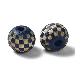 Marine Blue Wood Laser Engraved Tartan Beads, Round, Dyed, for DIY Craft, Marine Blue, 9.5~10x8.5mm, Hole: 3mm