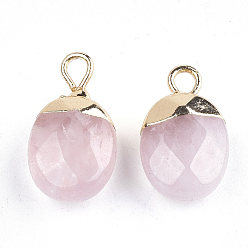 Rose Quartz Electroplate Natural Rose Quartz Charms, with Iron Findings, Faceted, Oval, Golden, 14~15x8x5~5.5mm, Hole: 1.8mm