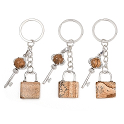 Пейзажный Джаспер Брелоки-подвески из натуральной яшмы с рисунком, Замок и ключ, с разъемным кольцом для ключей из латуни и железа, стойки покрытие, долговечный, платина, 80 мм