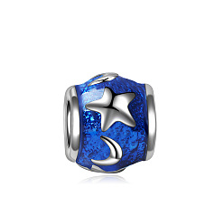 Royal Blue Alloy Enamel European Beads, Large Hole Beads, Rondelle with Star & Moon, Royal Blue, 10x9mm