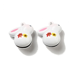 White Autumn Theme Brass Bell Pendants, Spary Printed, Rabbit with Maple Leaf Charm, White, 21x18.5x12.5mm, Hole: 1.5mm