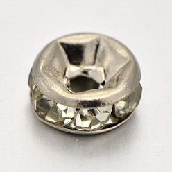 Platinum Flat Round Brass Rhinestone Spacer Beads, Platinum, 6x3mm, Hole: 1mm, about 1000pcs/bag