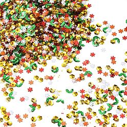 Mixed Color Christmas Theme Plastic Sequins Beads, Sewing Craft Decoration, Flower/Snowflake/Holly Leaf, Mixed Color, 4.5~5x4.5~7x0.2~0.8mm, Hole: 0.8~0.9mm, about 92500pcs/500g