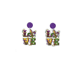 Leaf Mardi Gras Theme Glitter Acrylic Dangle Stud Earrings for Party, Leaf Pattern, 47x29mm