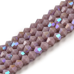Medium Purple Opaque Solid Color Imitation Jade Glass Beads Strands, AB Color Plated, Faceted, Bicone, Medium Purple, 4x4mm, Hole: 0.8mm, about 87~98pcs/strand, 12.76~14.61 inch(32.4~37.1cm)