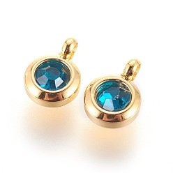 Indicolite 304 Stainless Steel Rhinestone Charms, July Birthstone Charms, Flat Round, Indicolite, 9.3x6.5x4mm, Hole: 2mm