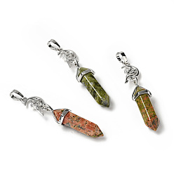 Unakite Natural Unakite Double Terminated Pointed Big Pendants, with Platinum Tone Brass Findings, Cadmium Free & Lead Free, Moon with Fairy & Bullet, Faceted, 62~66mm
