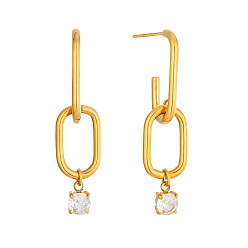 Real 18K Gold Plated 304 Stainless Steel & Cubic Zirconia Stud Dangle Earrings, Oval, Half Hoop Earrings, Real 18K Gold Plated, 41x10mm