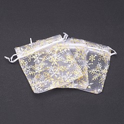 White Golden Snowflake Printed Organza Packing Bags, for Festival Christmas Day, Rectangle, White, 16x13cm
