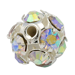 Clear AB Brass Rhinestone Beads, Grade A, Round, Silver Color Plated, AB Color, Clear AB, Size: about 6mm in diameter, hole: 1mm