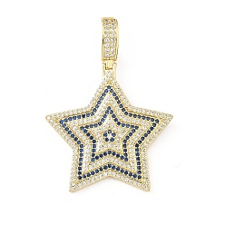 Синий Латунные микропаве прозрачные подвески с фианитом, звезда, без свинца и без кадмия, долговечный, стойки покрытие, реальный 18 k позолоченный, синие, 33.5x32.5x4 мм, отверстие : 8.5x5 мм