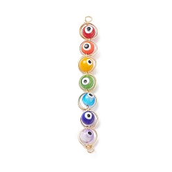 Colorful 7 Chakra Evil Eye Handmade Lampwork Round Bead Connector Charms, Golden Plated Copper Wire Wrapped Links, Colorful, 84x10~11x8mm, Hole: 3mm