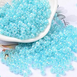 Deep Sky Blue 6/0 Opaque Colours Rainbow Plated Round Glass Seed Beads, Deep Sky Blue, 4x3mm, Hole: 1.2mm, about 7200pcs/pound