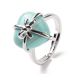 Синтетическая Бирюза Синтетическое бирюзовое сердце с регулируемым кольцом с бантом, украшения из латунной проволоки для женщин, без кадмия и без свинца, платина, размер США 7 1/4~13 (17.5~22.3 мм)
