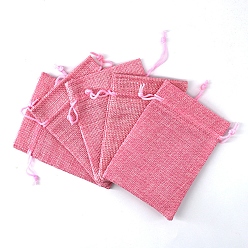 Hot Pink Rectangle Burlap Storage Bags, Drawstring Pouches Packaging Bag, Hot Pink, 14x10cm