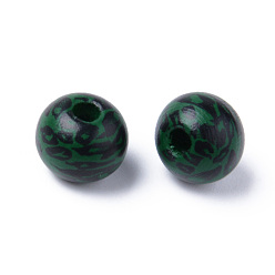 Темно-Зеленый Расписные бусы из натурального дерева, напечатанный, круглый с леопардовым принтом, темно-зеленый, 10x9 мм, отверстие : 2.5 мм