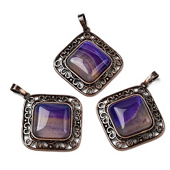 Полосатый Агат Подвески в форме ромба из натурального темно-голубого полосатого агата (окрашенного и подвергнутого термической обработке)., с винтажной латунной рамкой красного медного оттенка, 39x36.5x7~8 мм, отверстие : 8.5x5 мм