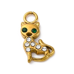 Изумруд 304 из нержавеющей стали горный хрусталь подвески, ионное покрытие (ip), реальный 14 k позолоченный, кошка, изумруд, 15x8x2 мм, отверстие : 2.5 мм