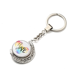 Word Pride Rainbow Alloy Glass Keychain, with Iron Key Rings, Rotatable, Flat Round with Moon, Word, 10.45cm