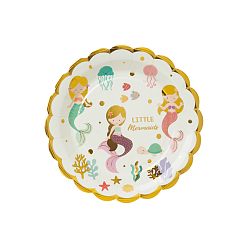 Mermaid Paper Dishes, Disposable Plates, with Gold Rim, Party Supplies, Flower, Mermaid Pattern, 180mm, 10pcs/bag