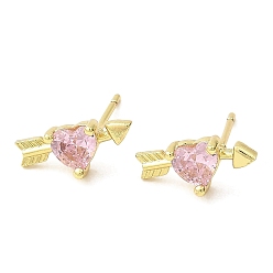 Pink Heart with Arrow Real 18K Gold Plated Brass Stud Earrings, with Clear Cubic Zirconia, Long-Lasting Plated, Lead Free & Cadmium Free, Pink, 6x13mm