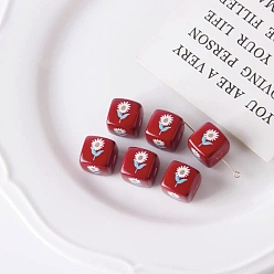 Red Opaque Printed Acrylic Beads, Cube with Sunflower Pattern, Red, 14x14x14mm, Hole: 3.3mm