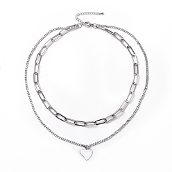 Stainless Steel Color Non-Tarnish 304 Stainless Steel Double Chains Multi Layered Necklace with Heart Charms for Women, Stainless Steel Color, 16.34 inch(41.5cm)