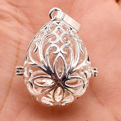 Silver Brass Bead Cage Pendants, Hollow Teardrop Cage Charms, Silver, 33x23mm