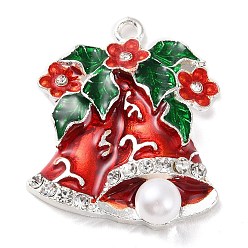 Christmas Bell Christmas Zinc Alloy Rhinestone Pendnats, with Enamel and Plastic Pearl, Christmas Bell, 33x29x7.2mm, Hole: 2mm