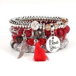 HY-2594-1 Red Bohemian Style Multi-layered Bracelet with Wing Element and Bodhi Beads for Women