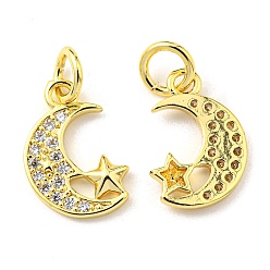 Real 18K Gold Plated Rack Plating Brass Micro Pave Clear Cubic Zirconia Charms, with Jump Ring, Moon with Star Charm, Real 18K Gold Plated, 12.5x8x1.7mm, Hole: 3.2mm