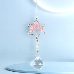Star Crystals Hanging Pendants Decoration, with Natural Rose Quartz Chips and Alloy Findings, for Home, Garden Decoration, Star, 230mm