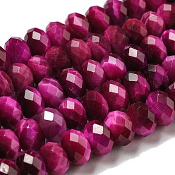 Fuchsia Natural Tiger Eye Beads Strands, Faceted, Dyed, Rondelle, Fuchsia, 8~8.5x5~5.5mm, Hole: 1mm, about 71pcs/strand, 15.31''(38.9cm)