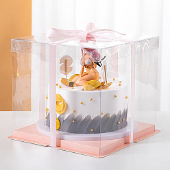 Pink Clear Plastic Tall Cake Boxes, Bakery Cake Box Container, Square with Lids Suitable for 8 Inch 2 Tier Cake, Pink, 260x260x240mm