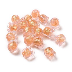 Pink Handmade Gold Foil Lampwork Glass Beads, Tulip, Pink, 9x8.5mm, Hole: 1.6mm
